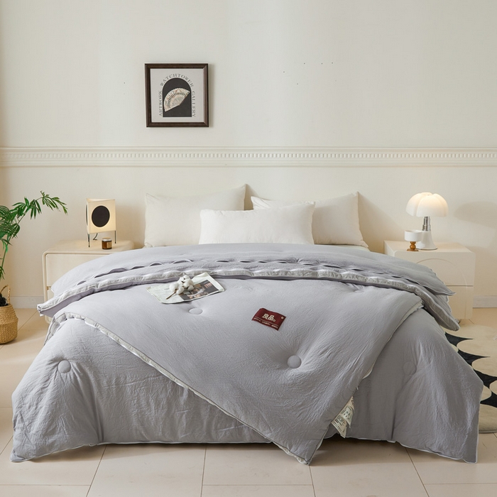 91家纺网 家纺一手货源 找家纺 创优家纺 2025新款良品针织棉子母被春秋被冬被二合一拉链款子母被 立体条纹-浅灰