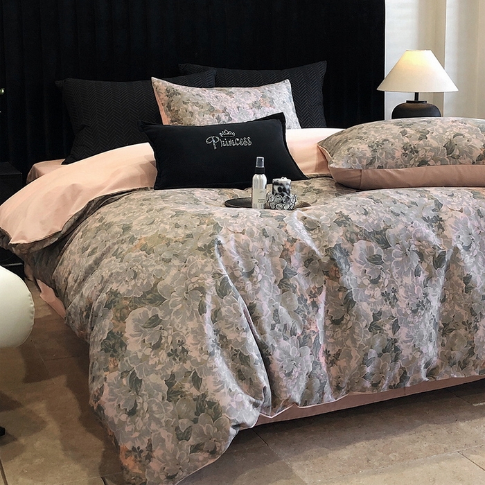 91家纺网 家纺一手货源 找家纺 立奥被业 2024新款全棉高密磨毛数码印花四件套 墨兰粉