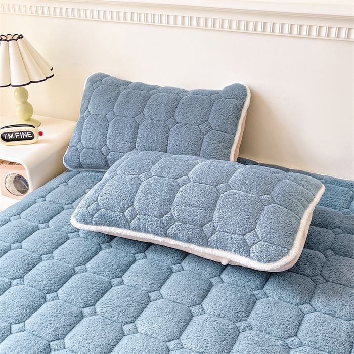 91家纺网 家纺一手货源 找家纺 雯豆家纺 2024冬款新品泰迪绒夹棉床笠三件套北极绒床垫保护套加厚保暖床笠 泰迪绒床笠-海因蓝