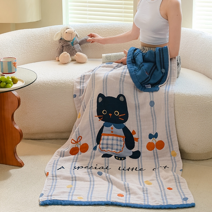 91家纺网 家纺一手货源 找家纺 雯雨家纺 2024新款四层全棉纱布浴巾加大毛巾80*160cm 小黑猫