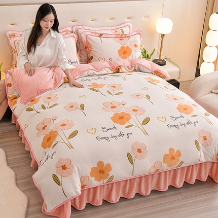 赫本家纺 2025新品8-9斤爆品牛奶绒四件套床裙款金雕绒法莱绒四套件 初恋-粉