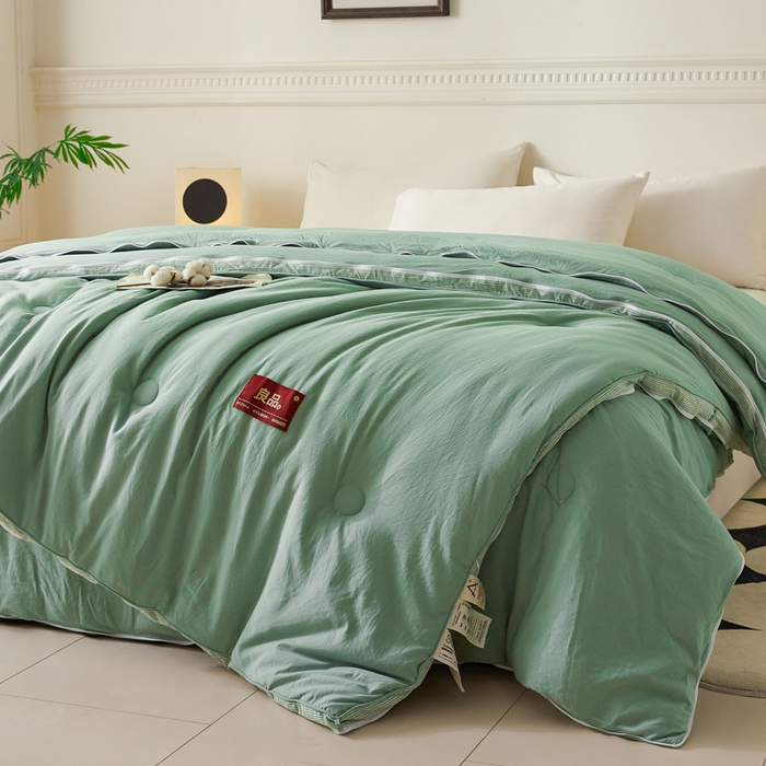 91家纺网 家纺一手货源 找家纺 创优家纺 2025新款良品针织棉子母被春秋被冬被二合一拉链款子母被 立体条纹-松绿