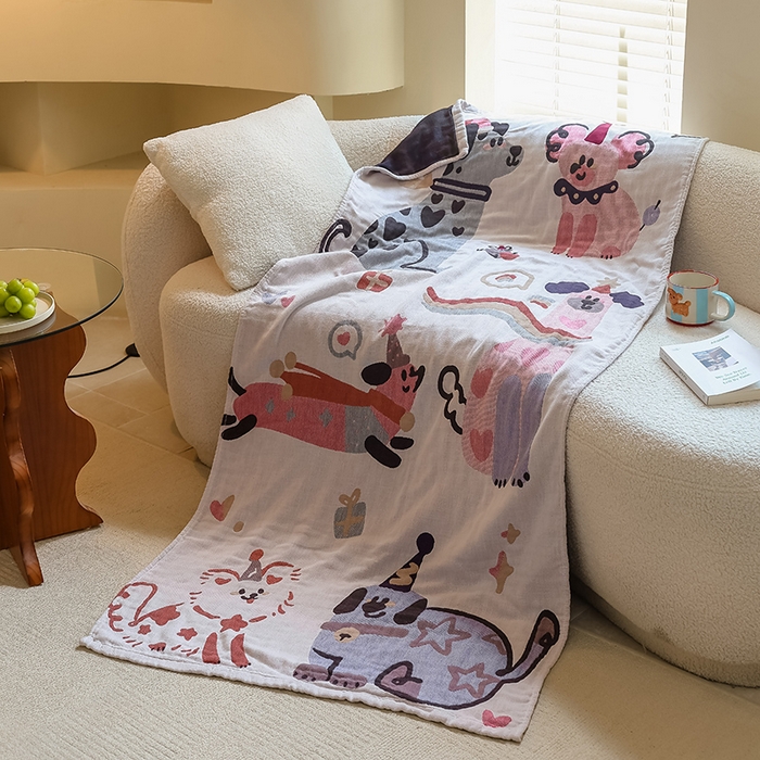 91家纺网 家纺一手货源 找家纺 雯雨家纺 2024新款四层全棉纱布浴巾加大毛巾80*160cm 漫画狗