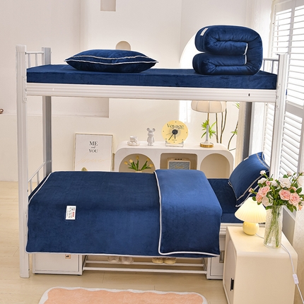 91家纺网 家纺一手货源 找家纺 绒品荟家纺 2025新款加厚牛奶绒三件套金貂绒法莱绒冬季床单款床笠款学生宿舍单人三件套 深邃蓝