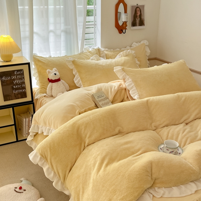 91家纺网 家纺一手货源 找家纺 星座家纺 2025新款牛奶绒花边床裙款四件套 床裙款-柠檬黄