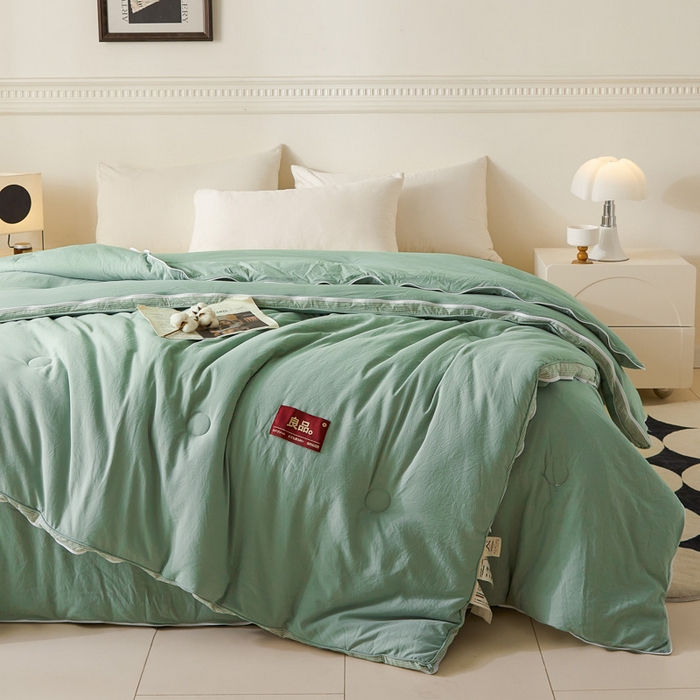 91家纺网 家纺一手货源 找家纺 创优家纺 2025新款良品针织棉子母被春秋被冬被二合一拉链款子母被 立体条纹-松绿