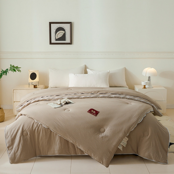 91家纺网 家纺一手货源 找家纺 创优家纺 2025新款良品针织棉子母被春秋被冬被二合一拉链款子母被 立体条纹-卡其