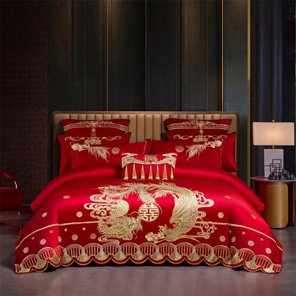 91家纺网 家纺一手货源 找家纺 （总）红番天婚庆 2025新款全棉刺绣新中式婚庆四件套多件套