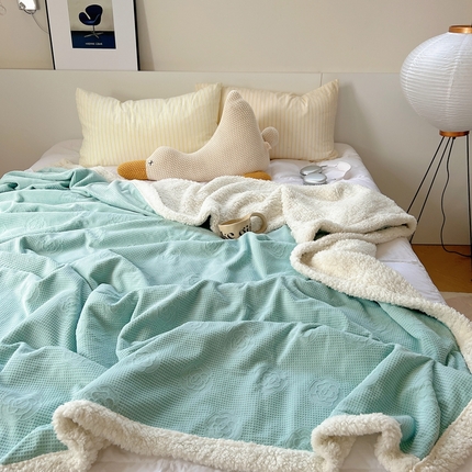 91家纺网 家纺一手货源 找家纺 六巷胡同 2024新款小红书博主风山茶花羊羔绒毯子 水绿