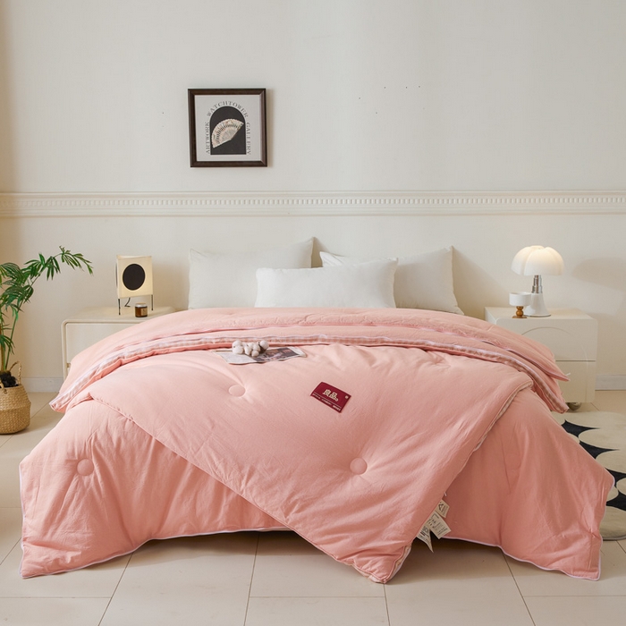 91家纺网 家纺一手货源 找家纺 创优家纺 2025新款良品针织棉子母被春秋被冬被二合一拉链款子母被 立体粉小格-粉