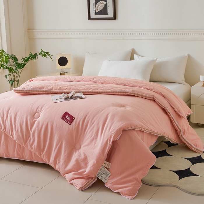 91家纺网 家纺一手货源 找家纺 创优家纺 2025新款良品针织棉子母被春秋被冬被二合一拉链款子母被 立体粉小格-粉