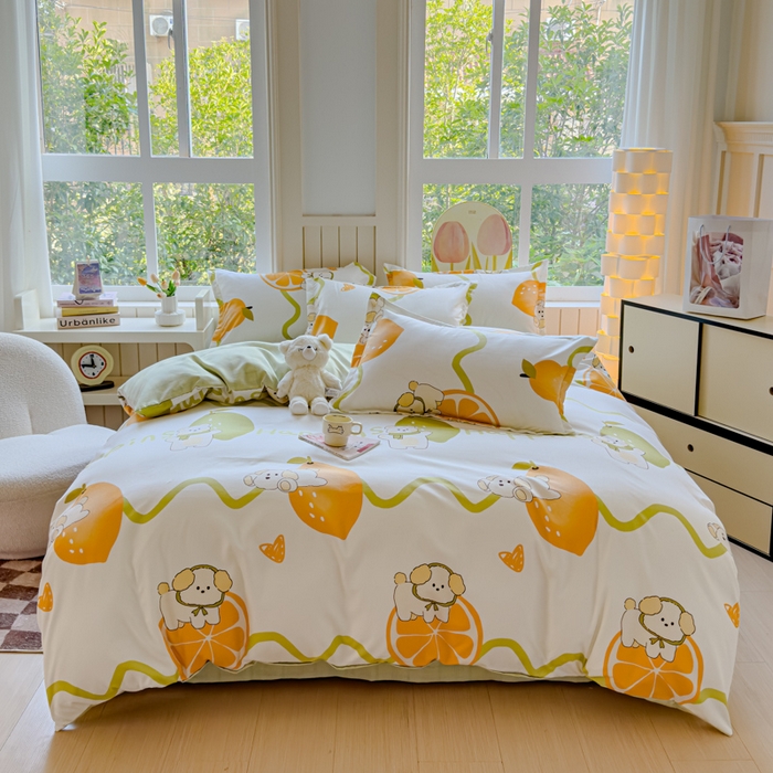 91家纺网 家纺一手货源 找家纺 佑佳家纺 2024新款140克磨毛印花植物羊绒单被套磨毛四件套 柠檬熊