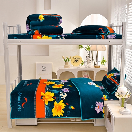 91家纺网 家纺一手货源 找家纺 绒品荟家纺 2025新款加厚牛奶绒三件套金貂绒法莱绒冬季床单款床笠款学生宿舍单人三件套 荷塘月色