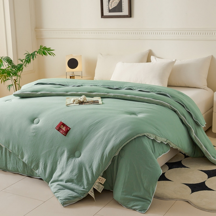 91家纺网 家纺一手货源 找家纺 创优家纺 2025新款良品针织棉子母被春秋被冬被二合一拉链款子母被 立体条纹-松绿