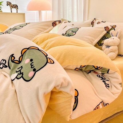 2024新款A类高克重时尚风牛奶绒加厚保暖系列套件单品-四件套 恐龙先生