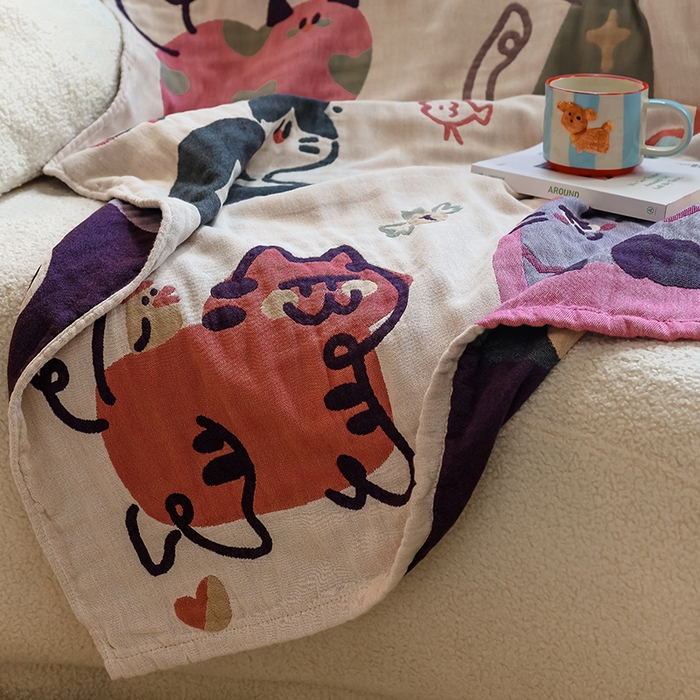 91家纺网 家纺一手货源 找家纺 雯雨家纺 2024新款四层全棉纱布浴巾加大毛巾80*160cm 漫画猫