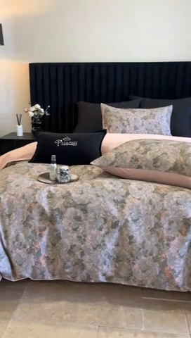 91家纺网 家纺一手货源 找家纺 立奥被业 2024新款全棉高密磨毛数码印花四件套 墨兰粉