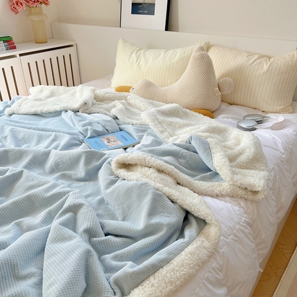 91家纺网 家纺一手货源 找家纺 六巷胡同 2024新款小红书博主风山茶花羊羔绒毯子 浅蓝