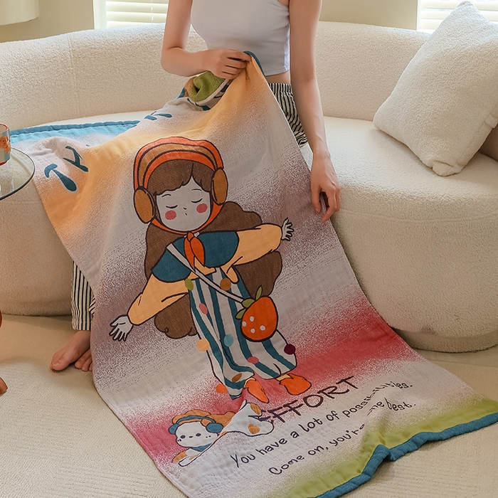 91家纺网 家纺一手货源 找家纺 雯雨家纺 2024新款四层全棉纱布浴巾加大毛巾80*160cm 草莓女孩