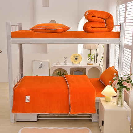 91家纺网 家纺一手货源 找家纺 绒品荟家纺 2025新款加厚牛奶绒三件套金貂绒法莱绒冬季床单款床笠款学生宿舍单人三件套 炫彩橙