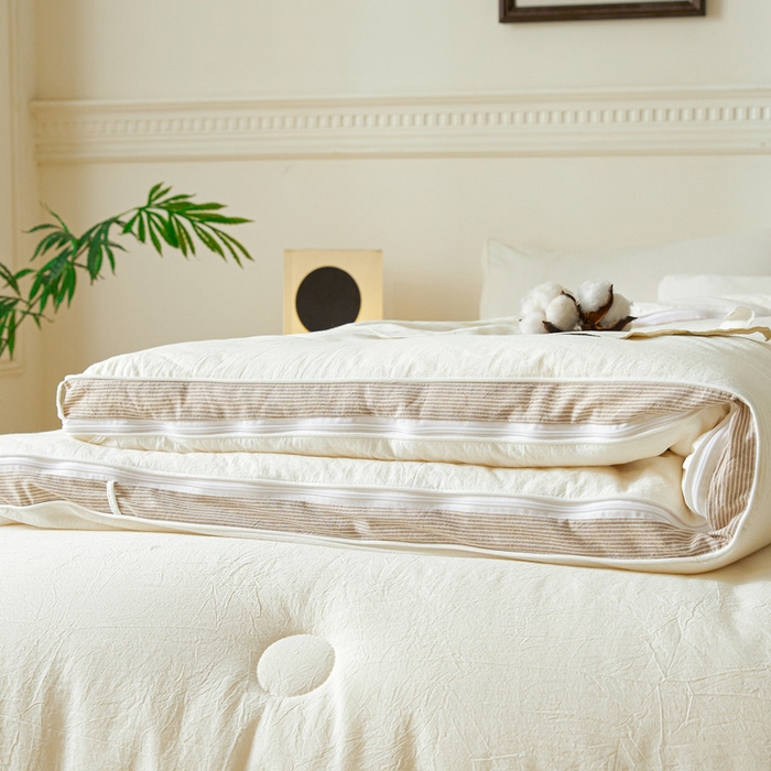 91家纺网 家纺一手货源 找家纺 创优家纺 2025新款良品针织棉子母被春秋被冬被二合一拉链款子母被 立体条纹-米白