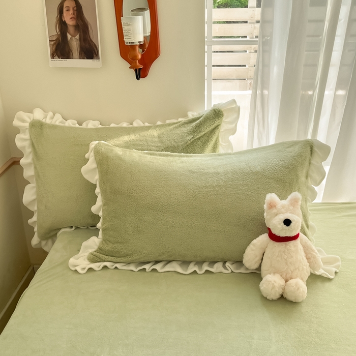 91家纺网 家纺一手货源 找家纺 星座家纺 2025新款牛奶绒花边床裙款四件套 床裙款-淡雅绿