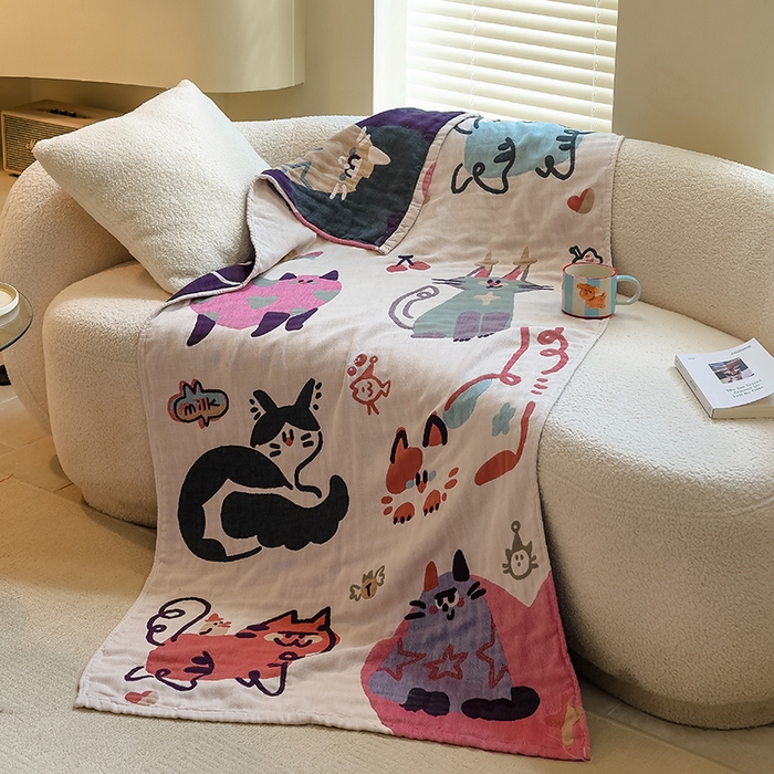 91家纺网 家纺一手货源 找家纺 雯雨家纺 2024新款四层全棉纱布浴巾加大毛巾80*160cm 漫画猫