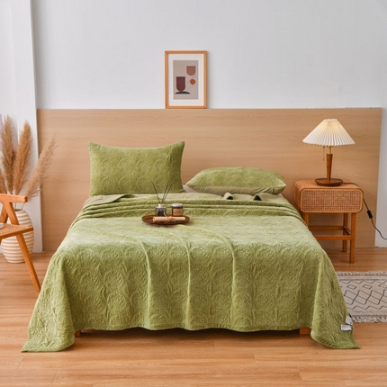 有货 2024新款法式繁花暖绒床盖三件套 繁花-草绿