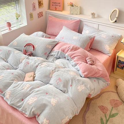 桃子家居 2024新款小清新卡通加厚牛奶绒全工艺200克印花牛奶绒系列四件套 绒-蓝甜心猫咪