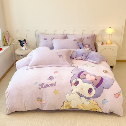 91家纺网 家纺一手货源 找家纺 （总）金绣美居 2025新款牛奶绒毛绒贴布绣花保暖四件套-星空女孩