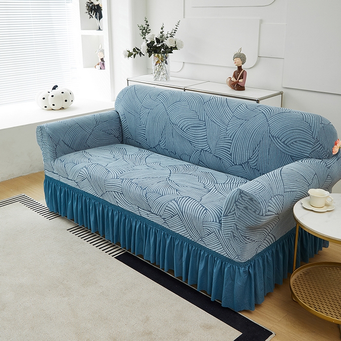 91家纺网 家纺一手货源 找家纺 共鸣沙发套 2024新款臻品提花系列沙发套(裙摆款) 枫纹-净蓝