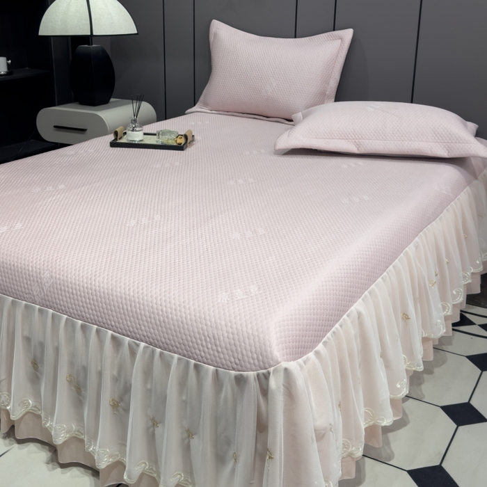 91家纺网 家纺一手货源 找家纺 81号家纺 2024新款冰感豆豆床裙款凉席 樱花粉