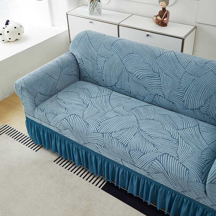 91家纺网 家纺一手货源 找家纺 共鸣沙发套 2024新款臻品提花系列沙发套(裙摆款) 枫纹-净蓝