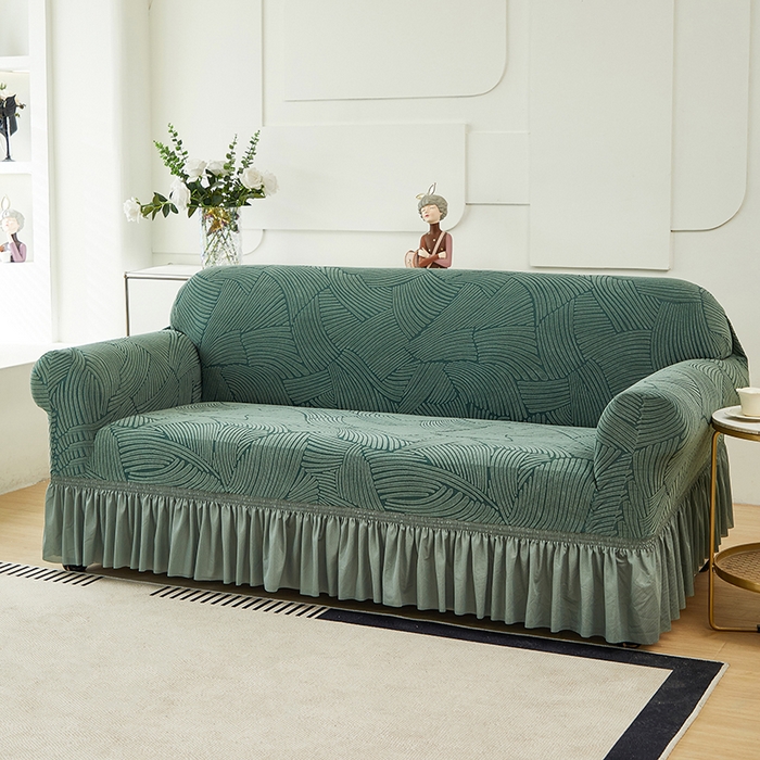 91家纺网 家纺一手货源 找家纺 共鸣沙发套 2024新款臻品提花系列沙发套(裙摆款) 枫纹-墨绿