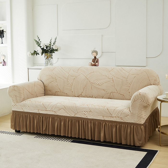 91家纺网 家纺一手货源 找家纺 共鸣沙发套 2024新款臻品提花系列沙发套(裙摆款) 枫纹-驼色