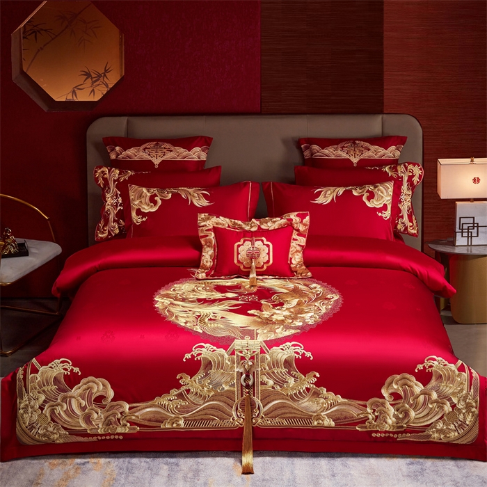 91家纺网 家纺一手货源 找家纺 宏羽纺家纺 2024新款高支高密纯棉提花婚庆套件系列（控价680）龙生九子-金