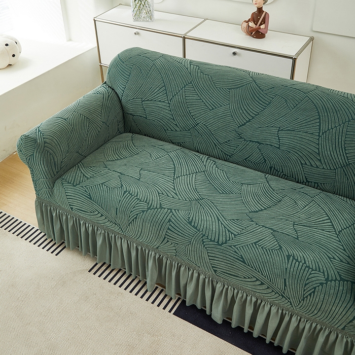 91家纺网 家纺一手货源 找家纺 共鸣沙发套 2024新款臻品提花系列沙发套(裙摆款) 枫纹-墨绿