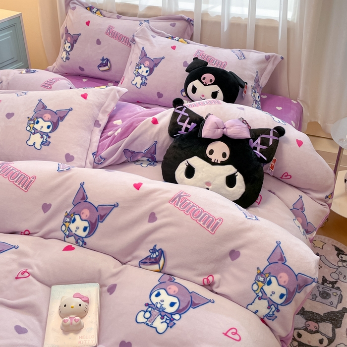 91家纺网 家纺一手货源 找家纺 暮思家居 2024新款三丽鸥正版授权高克重200克加厚保暖卡通牛奶绒四件套 牛奶绒-甜心库洛米