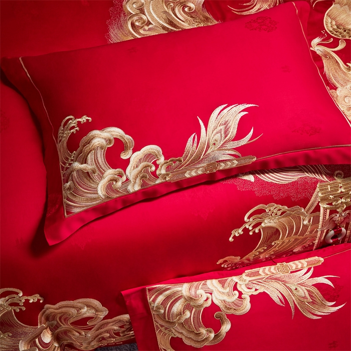 91家纺网 家纺一手货源 找家纺 宏羽纺家纺 2024新款高支高密纯棉提花婚庆套件系列（控价680）龙生九子-金
