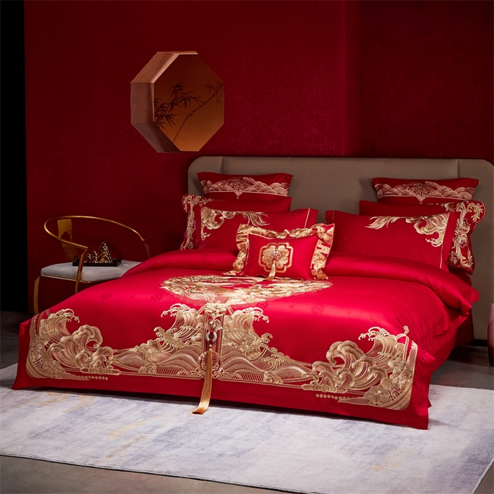 91家纺网 家纺一手货源 找家纺 宏羽纺家纺 2024新款高支高密纯棉提花婚庆套件系列（控价680）龙生九子-金