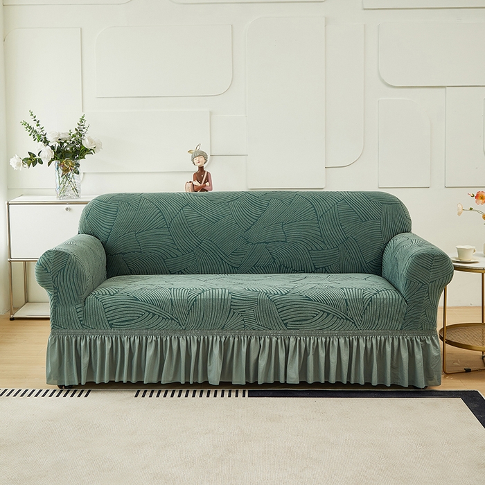 91家纺网 家纺一手货源 找家纺 共鸣沙发套 2024新款臻品提花系列沙发套(裙摆款) 枫纹-墨绿