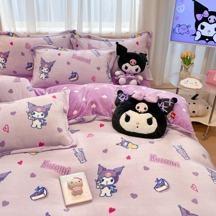 91家纺网 家纺一手货源 找家纺 暮思家居 2024新款三丽鸥正版授权高克重200克加厚保暖卡通牛奶绒四件套 牛奶绒-甜心库洛米