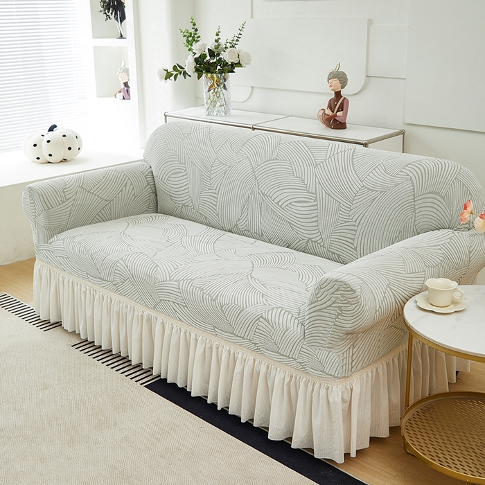 91家纺网 家纺一手货源 找家纺 共鸣沙发套 2024新款臻品提花系列沙发套(裙摆款) 枫纹-灰绿