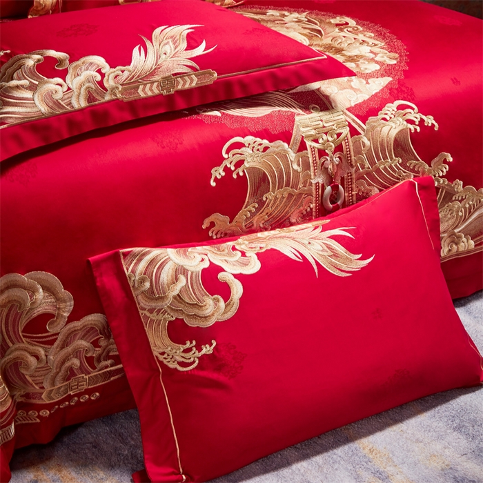 91家纺网 家纺一手货源 找家纺 宏羽纺家纺 2024新款高支高密纯棉提花婚庆套件系列（控价680）龙生九子-金