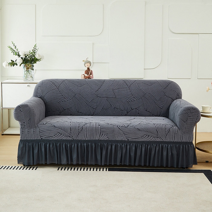 91家纺网 家纺一手货源 找家纺 共鸣沙发套 2024新款臻品提花系列沙发套(裙摆款) 枫纹-深灰