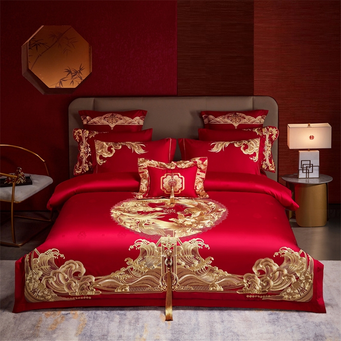 91家纺网 家纺一手货源 找家纺 宏羽纺家纺 2024新款高支高密纯棉提花婚庆套件系列（控价680）龙生九子-金