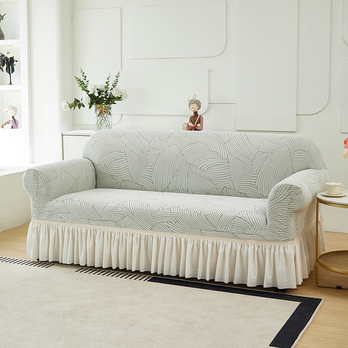 91家纺网 家纺一手货源 找家纺 共鸣沙发套 2024新款臻品提花系列沙发套(裙摆款) 枫纹-灰绿