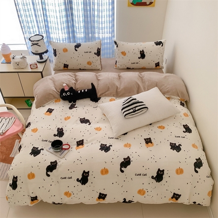 91家纺网 家纺一手货源 找家纺 美乐迪家纺 2024新款高品质牛奶绒四件套 南瓜小猫