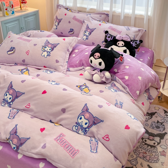 91家纺网 家纺一手货源 找家纺 暮思家居 2024新款三丽鸥正版授权高克重200克加厚保暖卡通牛奶绒四件套 牛奶绒-甜心库洛米