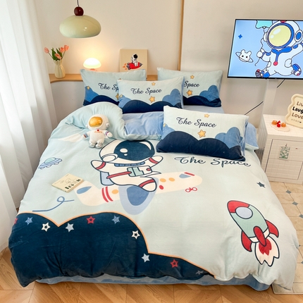 孩子王家纺 2025新款专版花色太空人大版卡通学生宿舍双面加厚牛奶绒系列四件套--提供买家秀 星际征程